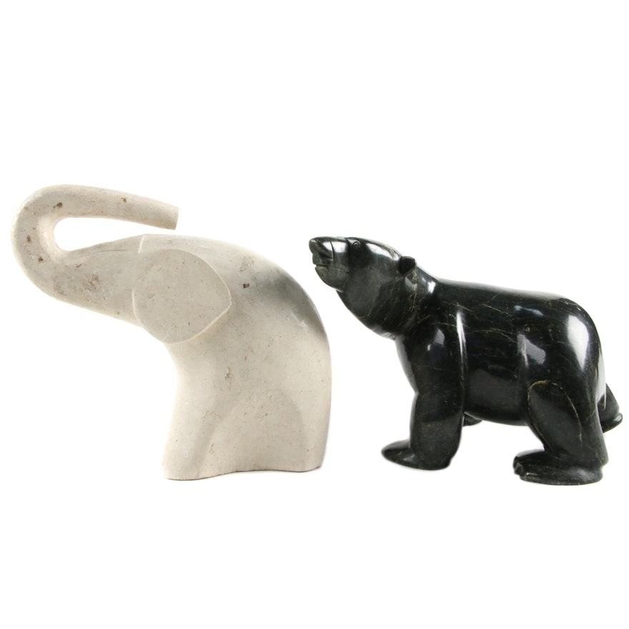 Inuit Style Serpentine Carving of Polar Bear and Decorative Elephant Sculpture