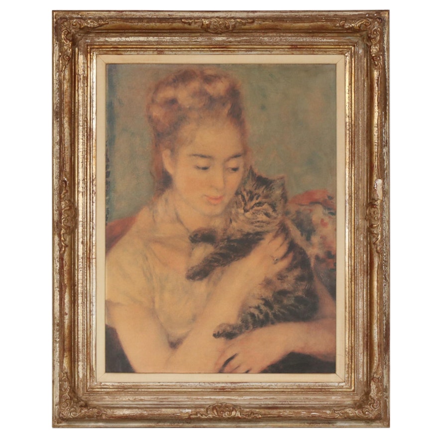 Embellished Offset Lithograph After Renoir "Woman with a Cat", Late 20th Century