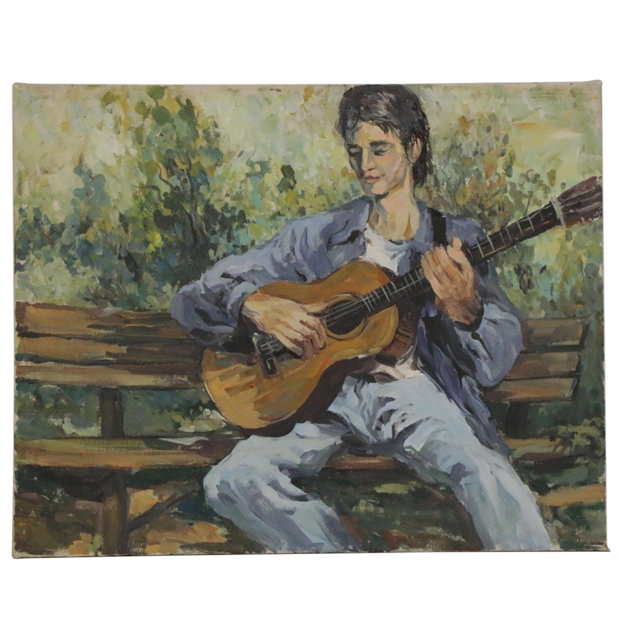 Bill Salamon Figural Acrylic Painting of Man with Guitar, Late 20th Century