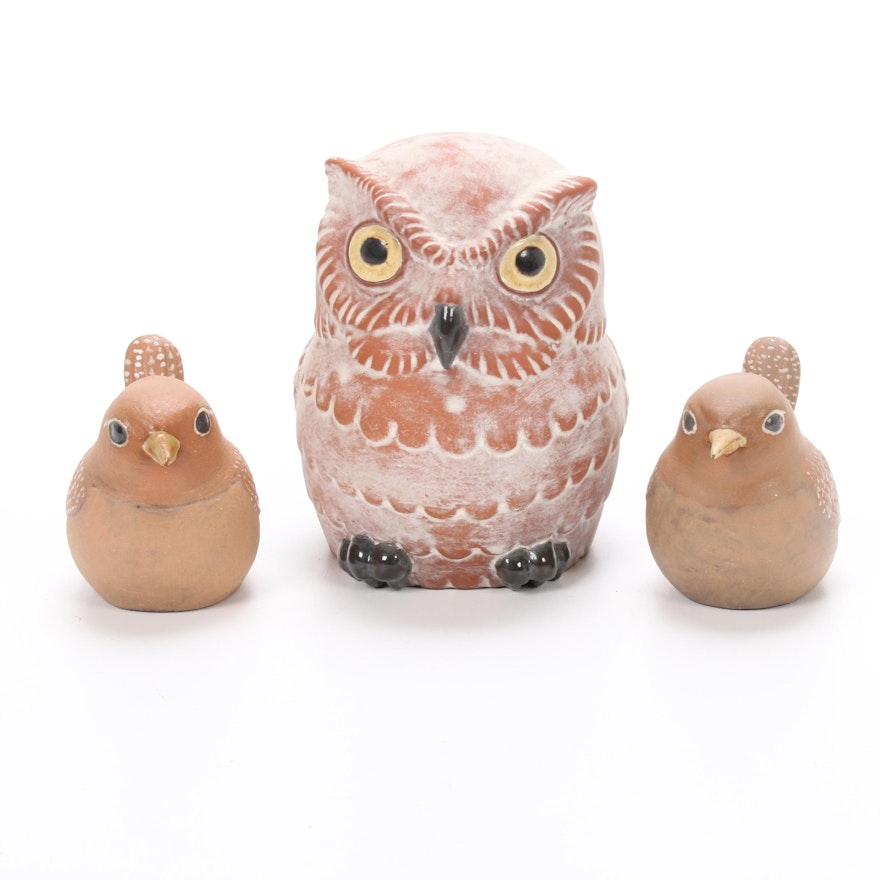 Nicodemus Ferro-Stone Art Pottery Sparrow and Owl Figurines