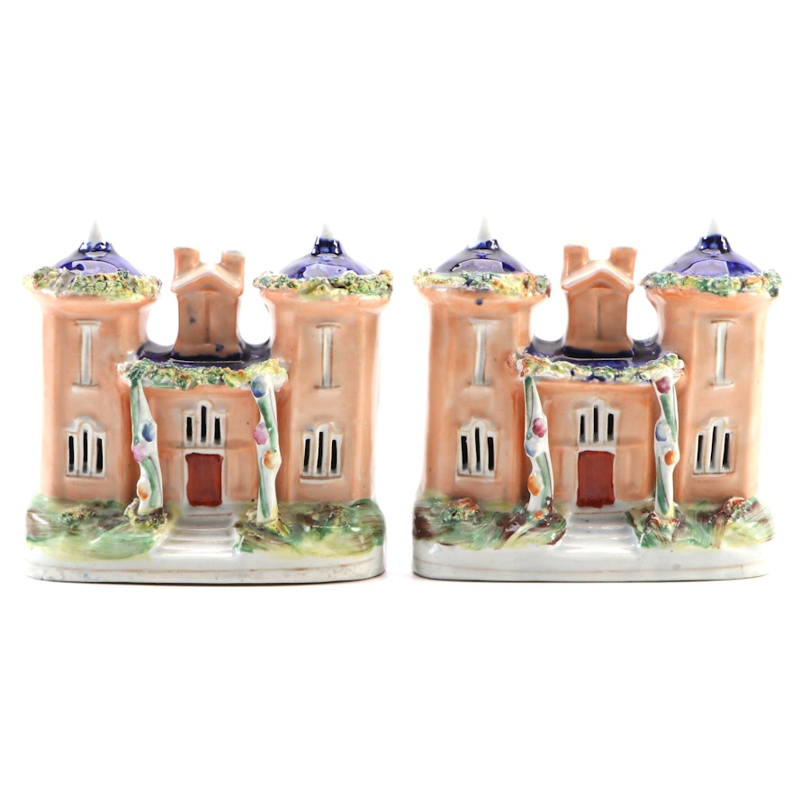 Pair of Staffordshire Ceramic Cottages, Mid to Late 19th Century