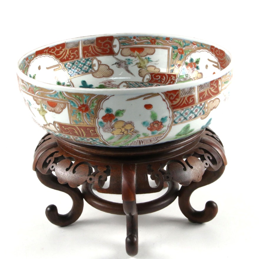 Japanese Imari Style Porcelain Bowl on Carved Wooden Stand, Vintage