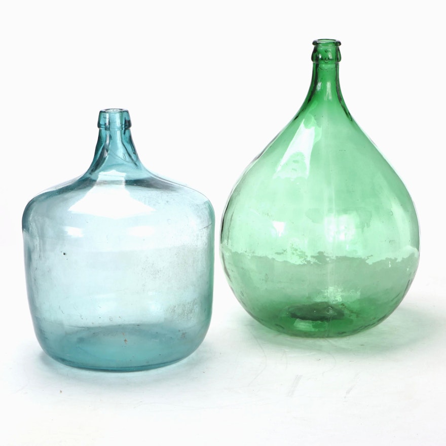 Green and Blue Glass Demijohn Jugs