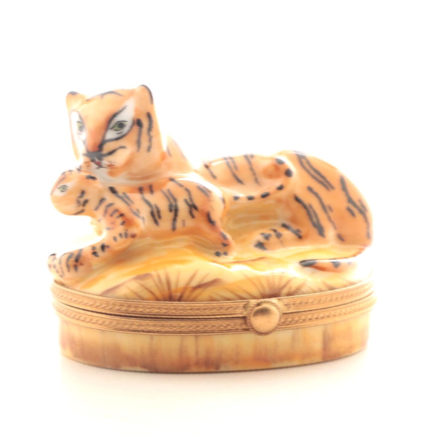 Porcelain Tiger Mother and Cub Limoges Box