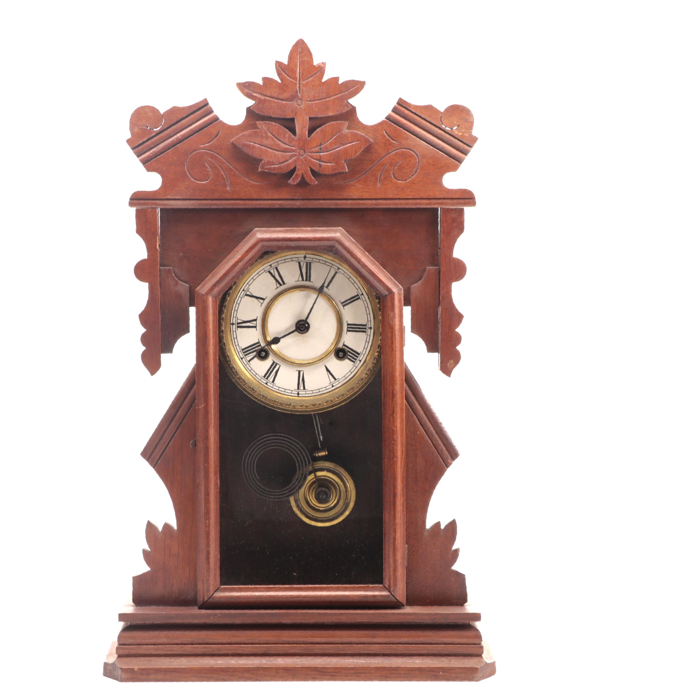 New Haven Clock Co Walnut Gingerbread Clock, Late 19th to Early 20th Century