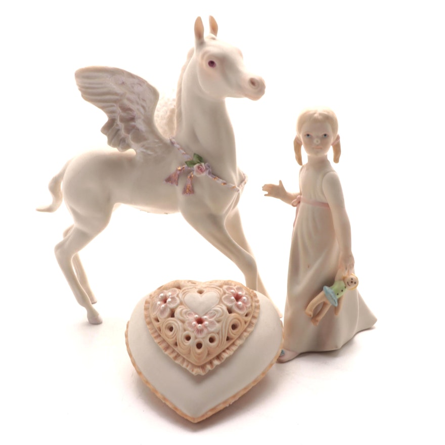 Cybis Bisque Porcelain "Wendy" and "Free Spirit" Figurines with Heart Box