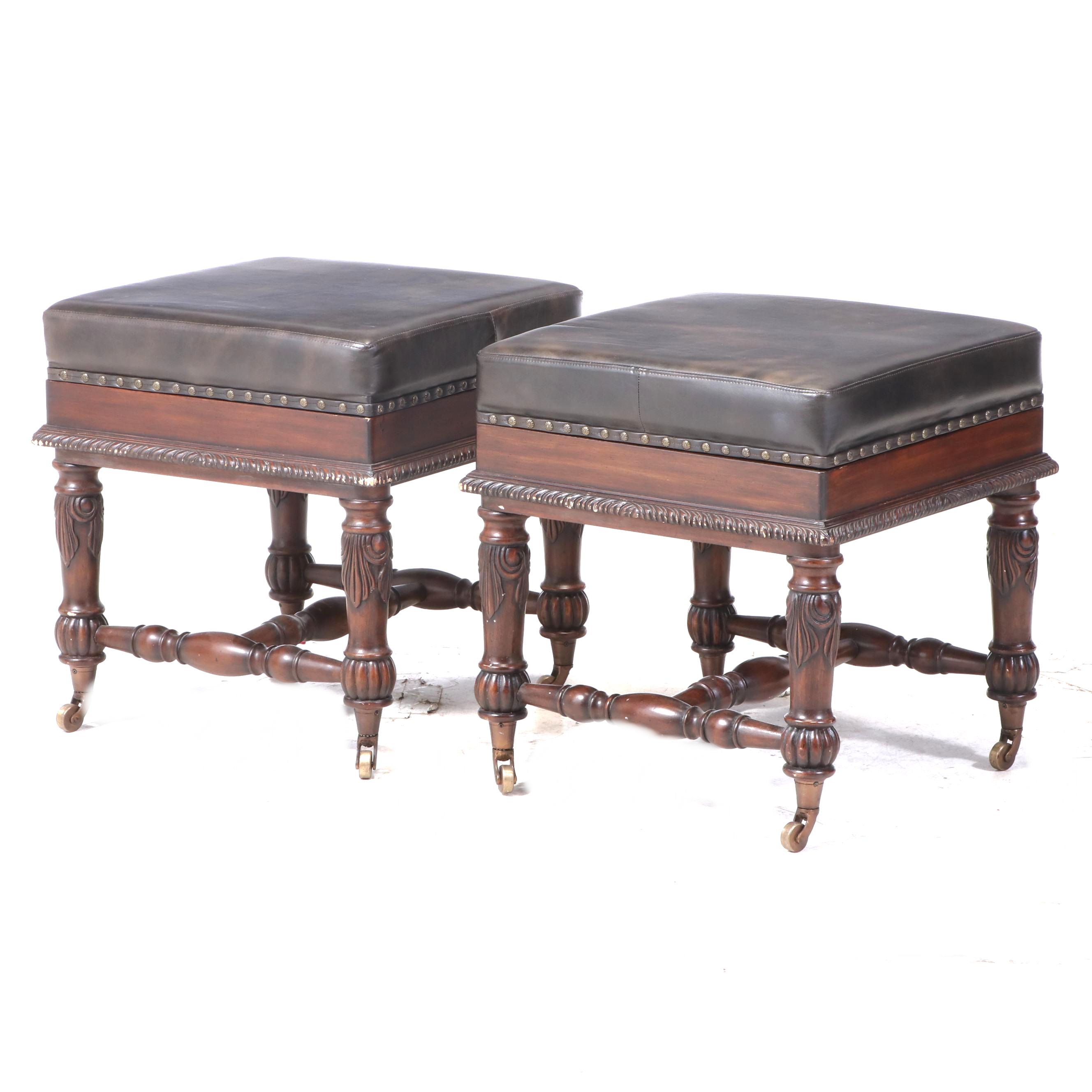 Pair of Mahogany-Stained and Faux-Leather "Captain Jack" Stools with Gameboards