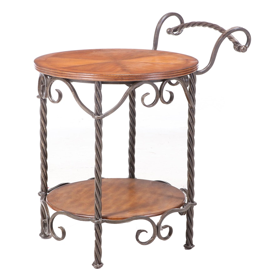 Contemporary Walnut-Stained and Patinated Metal Serving Cart-Form Side Table