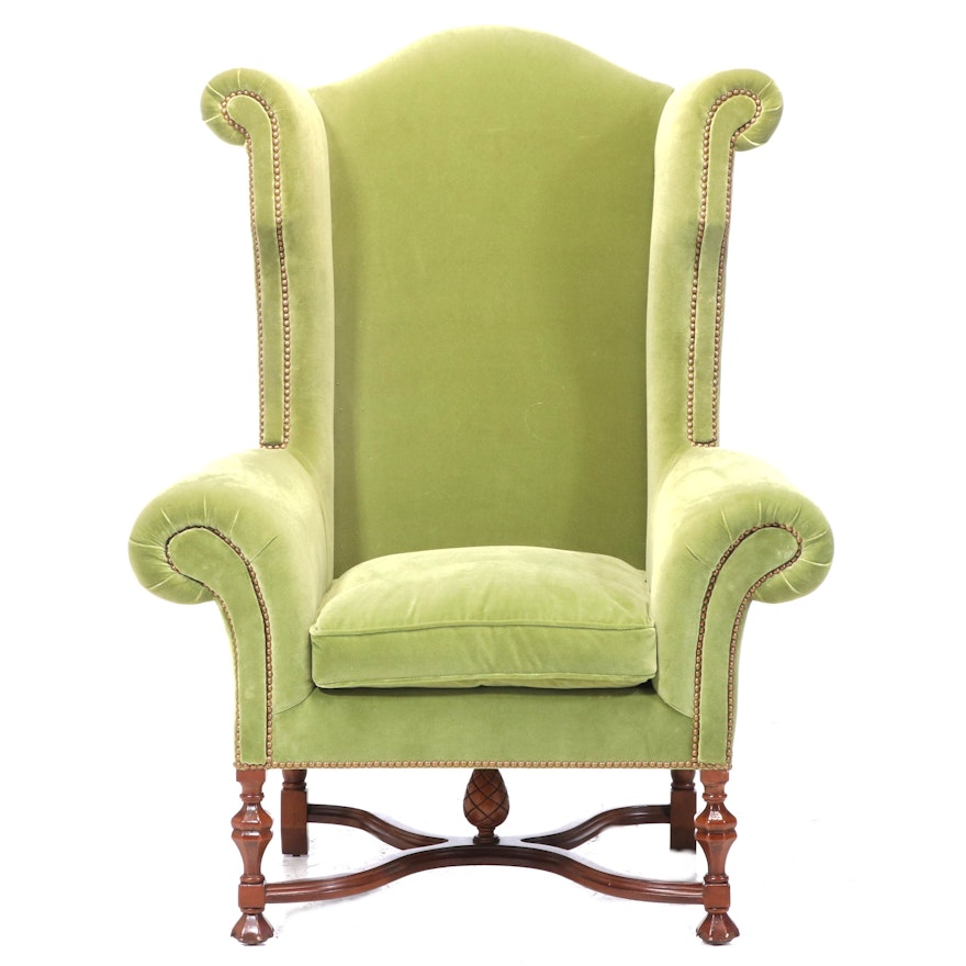 William and Mary Style Velvet Upholstered Wingback Chair with Nail Head Trim