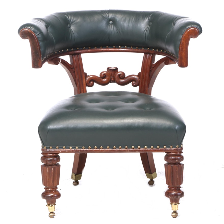 Victorian Style Tufted Leather Upholstered Desk Chair on Brass Castors