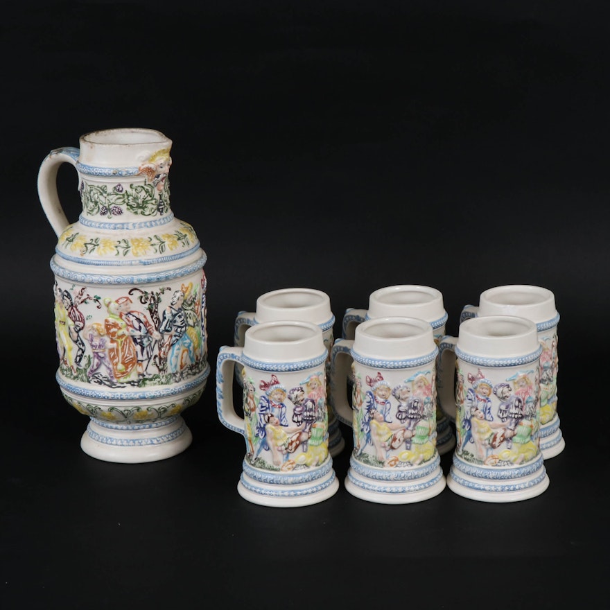 Hand-Painted Stoneware Pitcher and Mugs, 1970