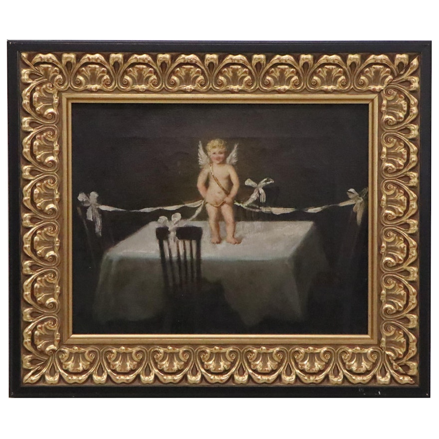 Oil Painting of Cupid Atop a Table, Early 20th Century