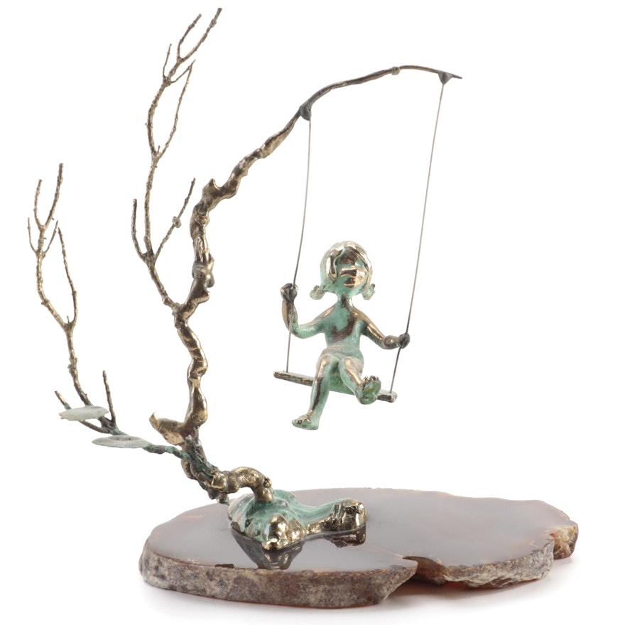 Malcolm Moran Brass and Agate Sculpture "Small Girl Swinging"