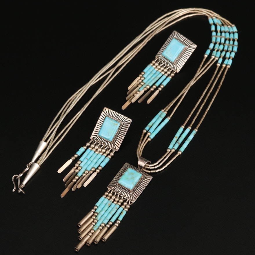 Sterling Faux Quoc Turquoise Liquid Silver Station Necklace and Earrings