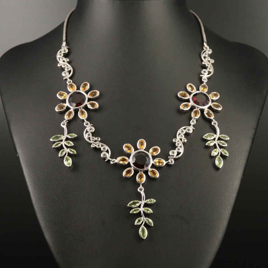 Mixed Gemstone Sunflower Necklace in Sterling