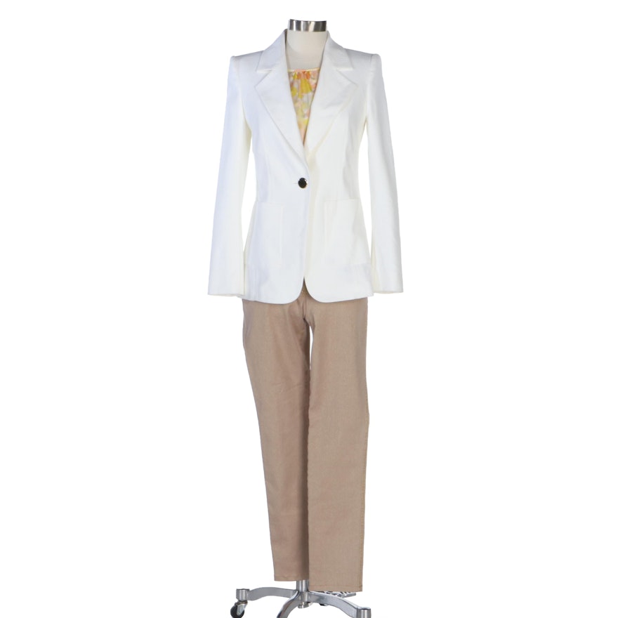 Escada White Jacket with Patterned Silk Blouse and Blush Pants with Gold Accents
