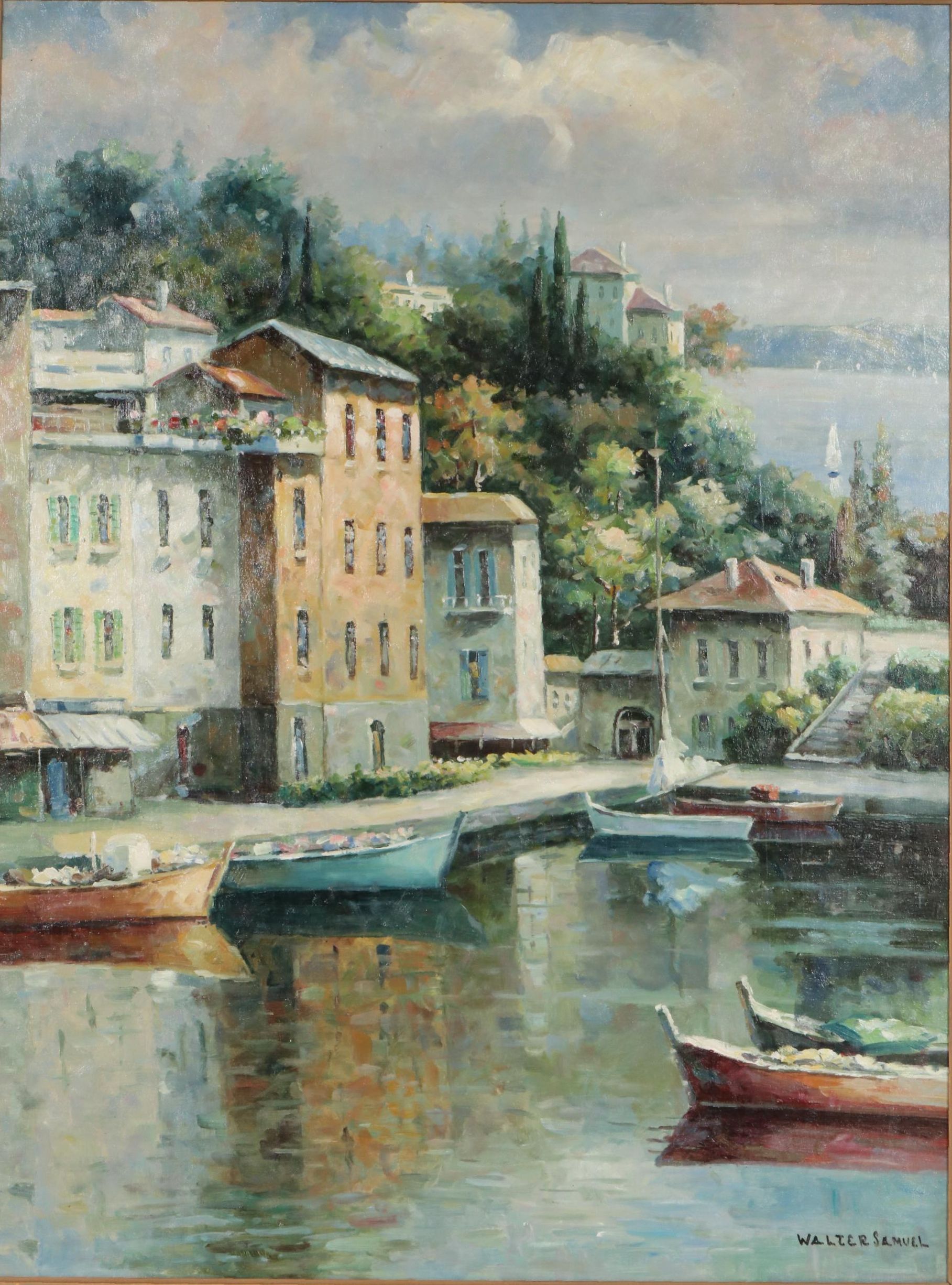 Coastal Village Harbor Copy Oil Painting after Walter Samuel, Late 20th Century