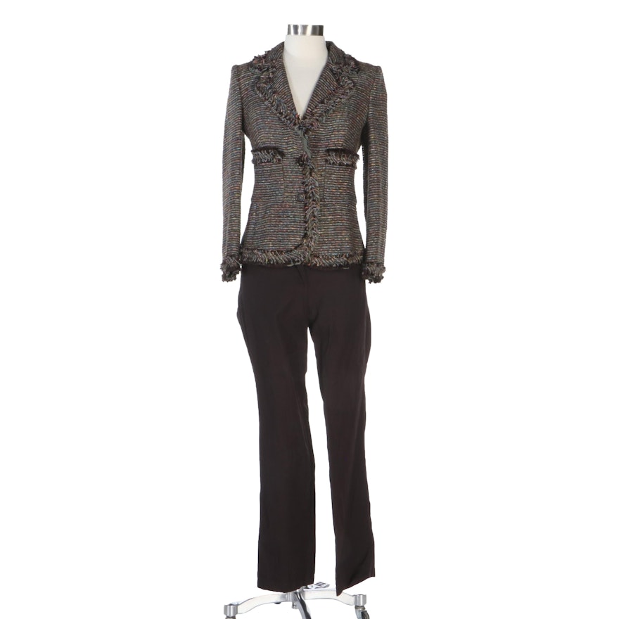 Escada Multicolor Olive Tweed Jacket with Brown Twill Trousers