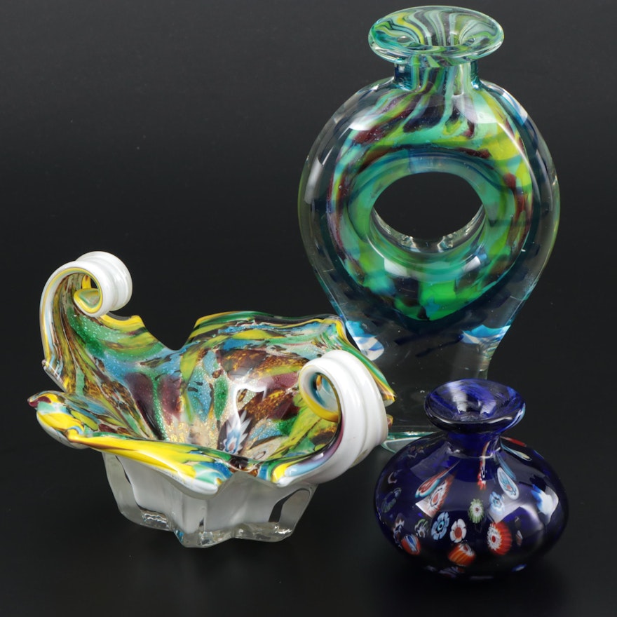 Millefiori Art Glass Vase and Centerpiece Bowl with Other Art Glass Vase