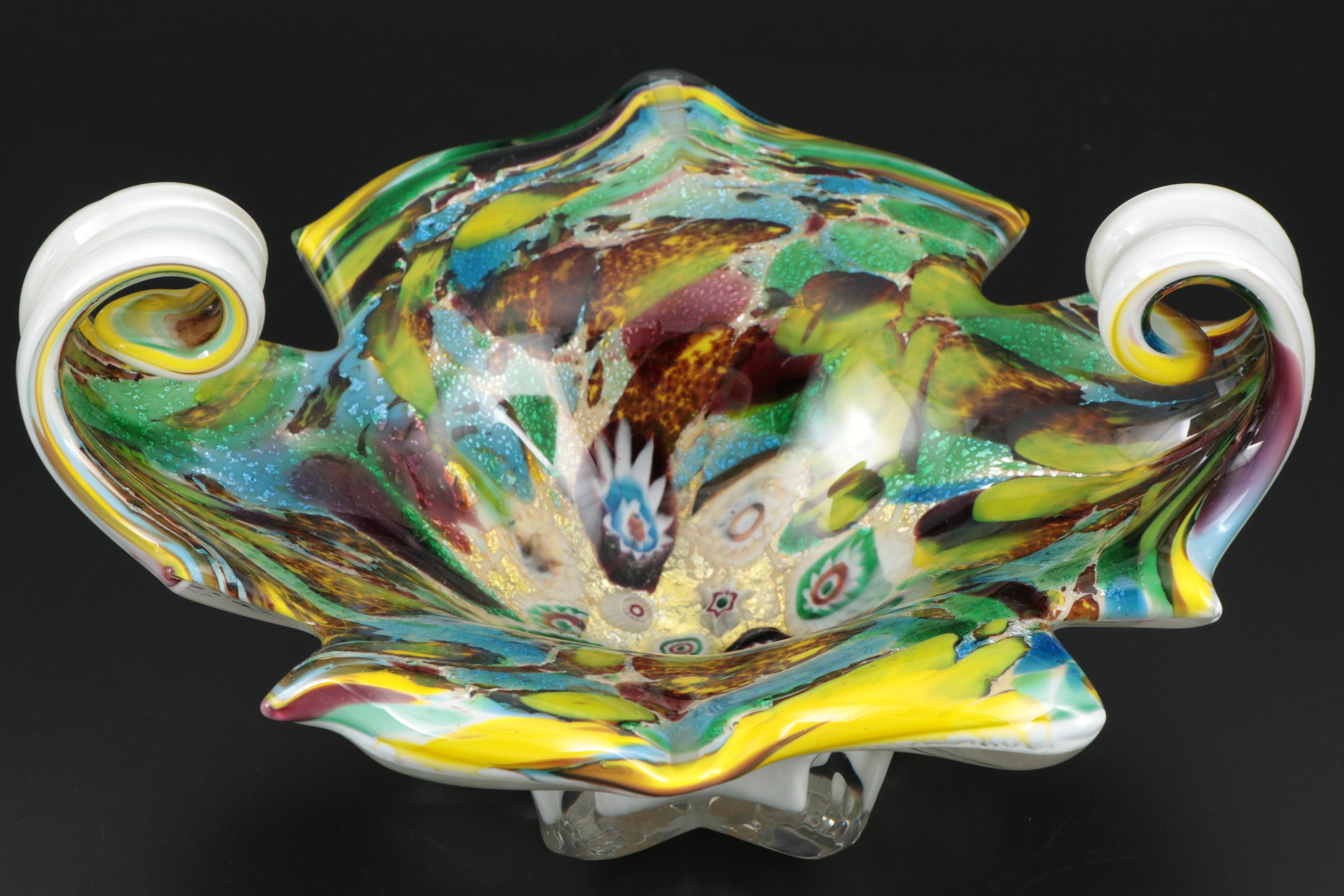 Millefiori Art Glass Vase and Centerpiece Bowl with Other Art Glass Vase