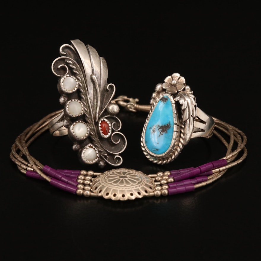 Southwestern Style Sterling Silver Rings and Bracelet Featuring Gemstone Accents