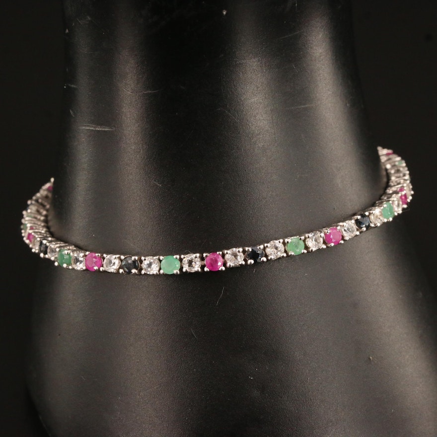 Sterling Silver Topaz, Ruby, Sapphire and Emerald Line Bracelet