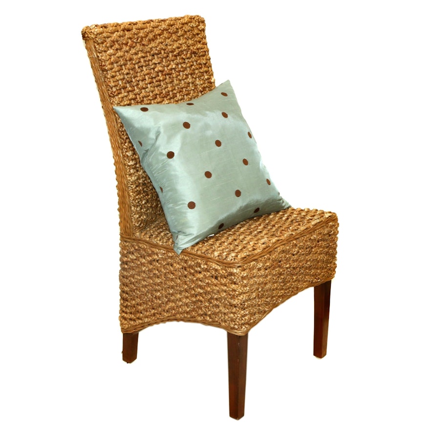 Woven Seagrass Accent Chair and Feather Throw Pillow