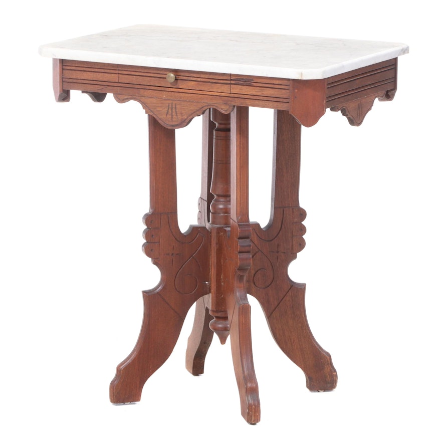 Victorian Walnut and White Marble Side Table with Drawer, Late 19th Century