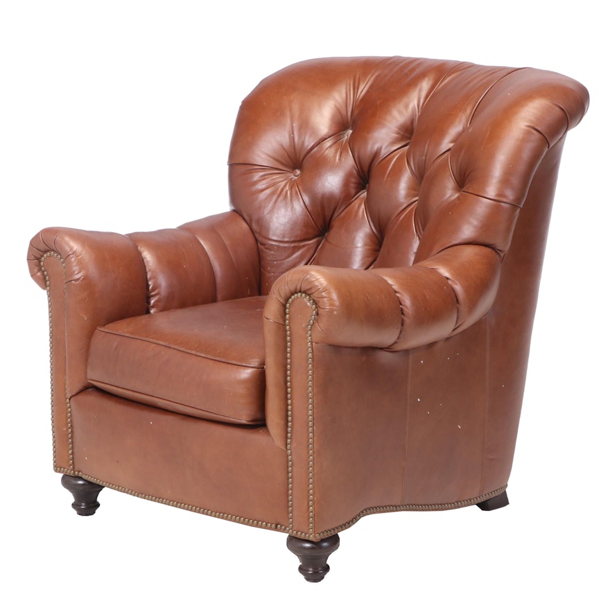 Bernhardt Furniture Buttoned-Down and Brass-Tacked Brown Leather Easy Armchair