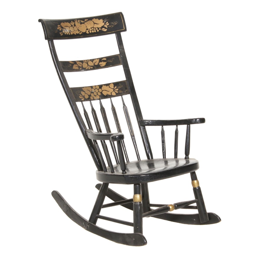 Black with Gold Stencil Hitchcock Style Wooden Rocking Chair, Early-Mid 20th C.