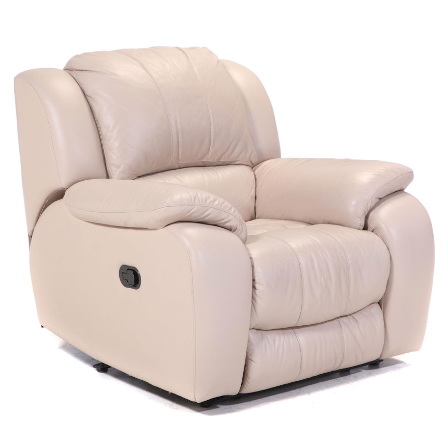 Contemporary Beige-Leather Upholstered Pillow Back Relcining Armchair