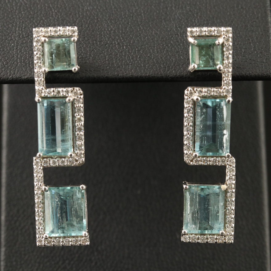 14K Geometric Aquamarine and Diamond Drop Earrings