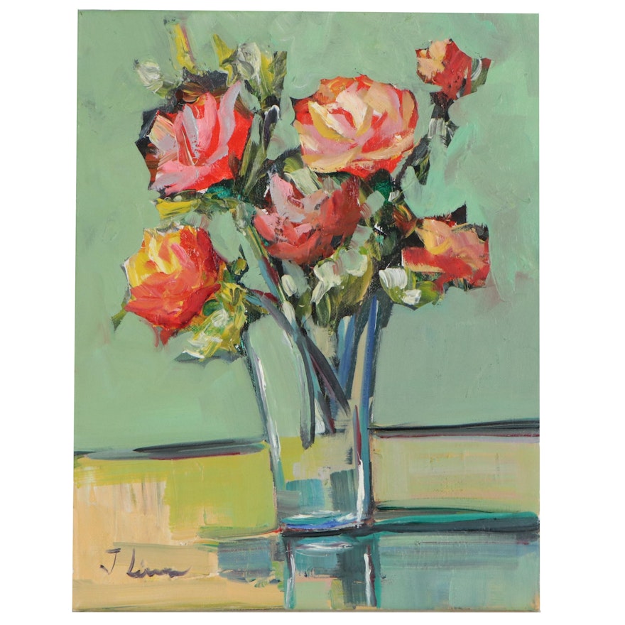 José Lima Floral Still Life Oil Painting of Roses in Vase