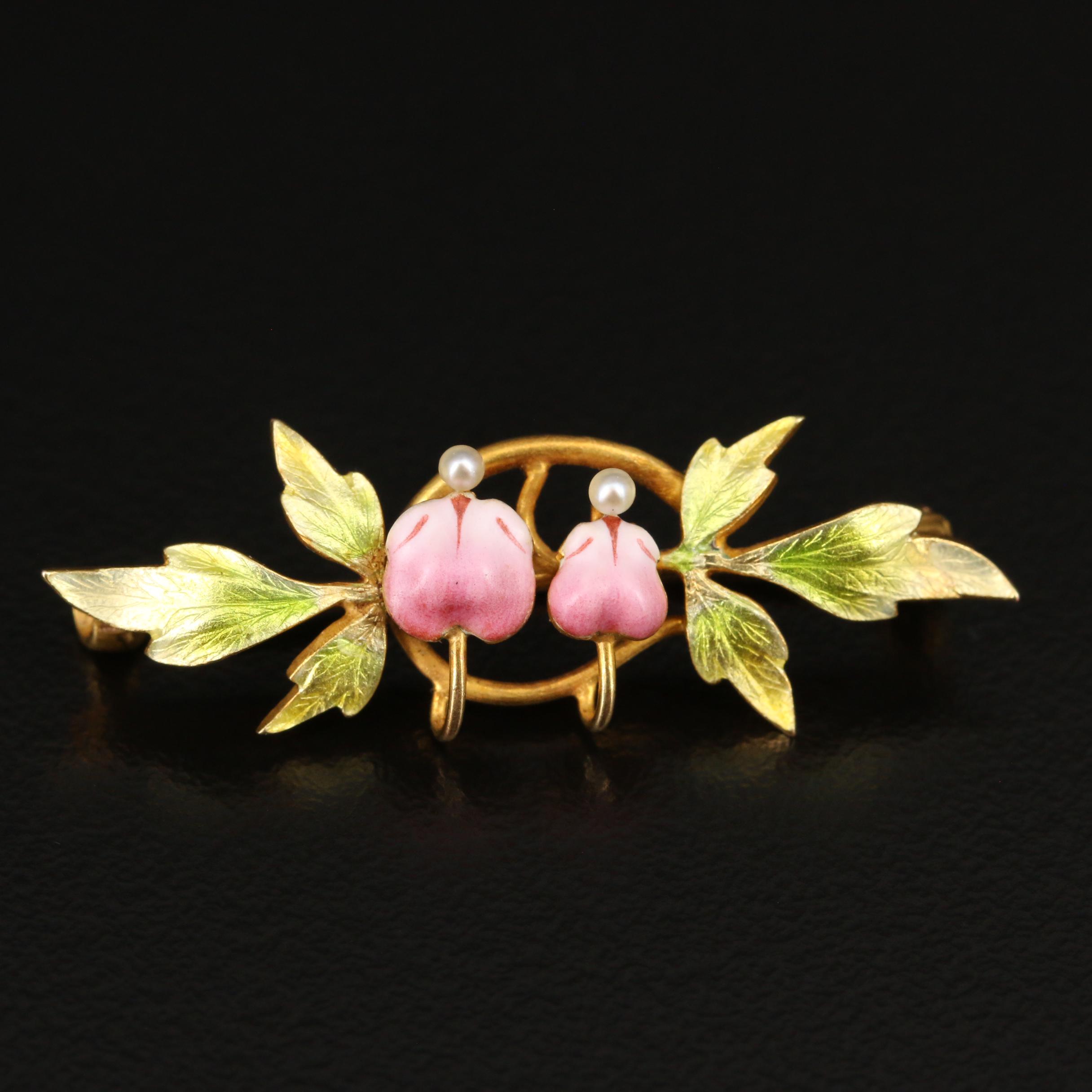 Krementz Art Nouveau 14K Seed Pearl and Enamel Floral  Bar Brooch