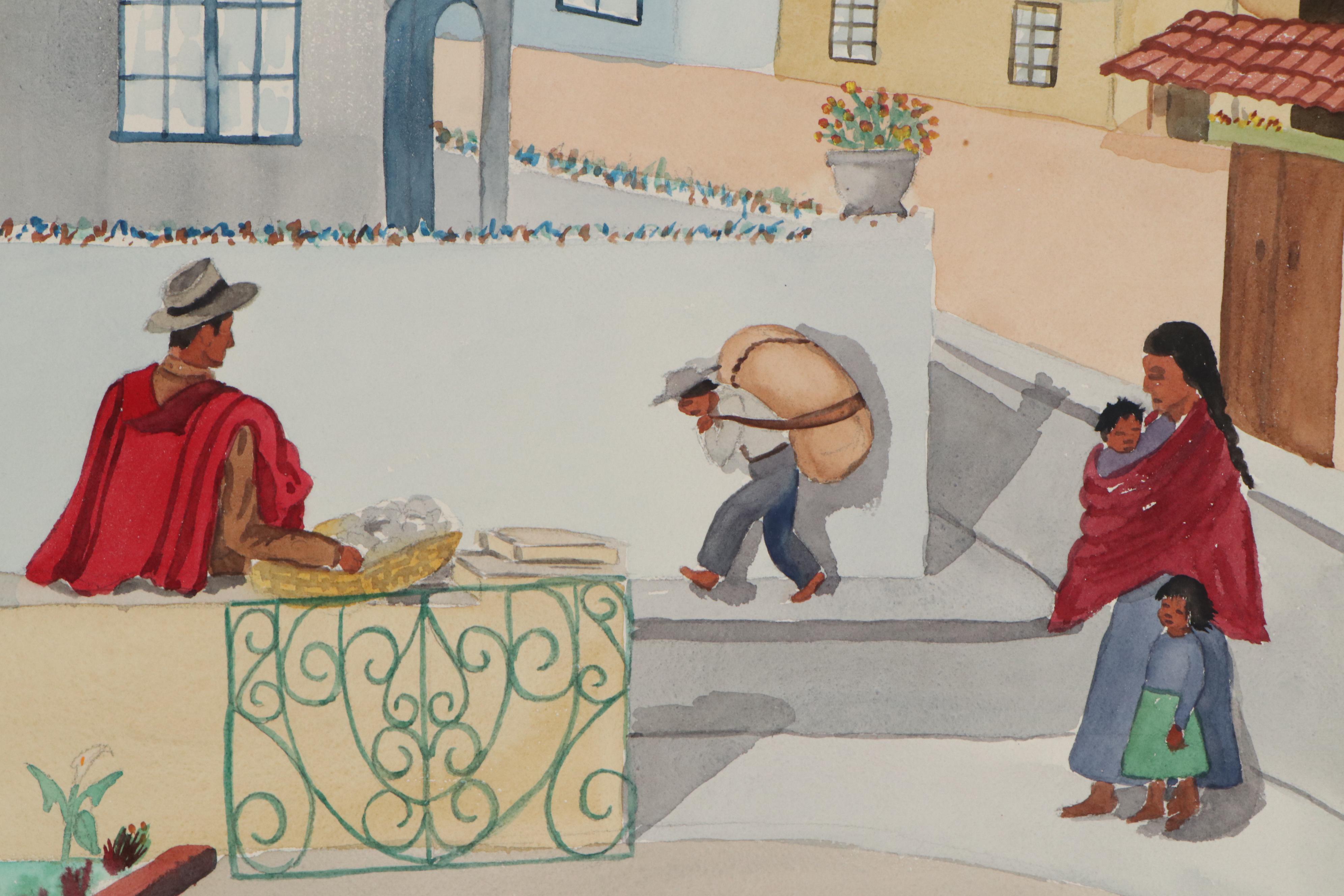 Ecuadoran Street Scene Watercolor Paintings, 1955