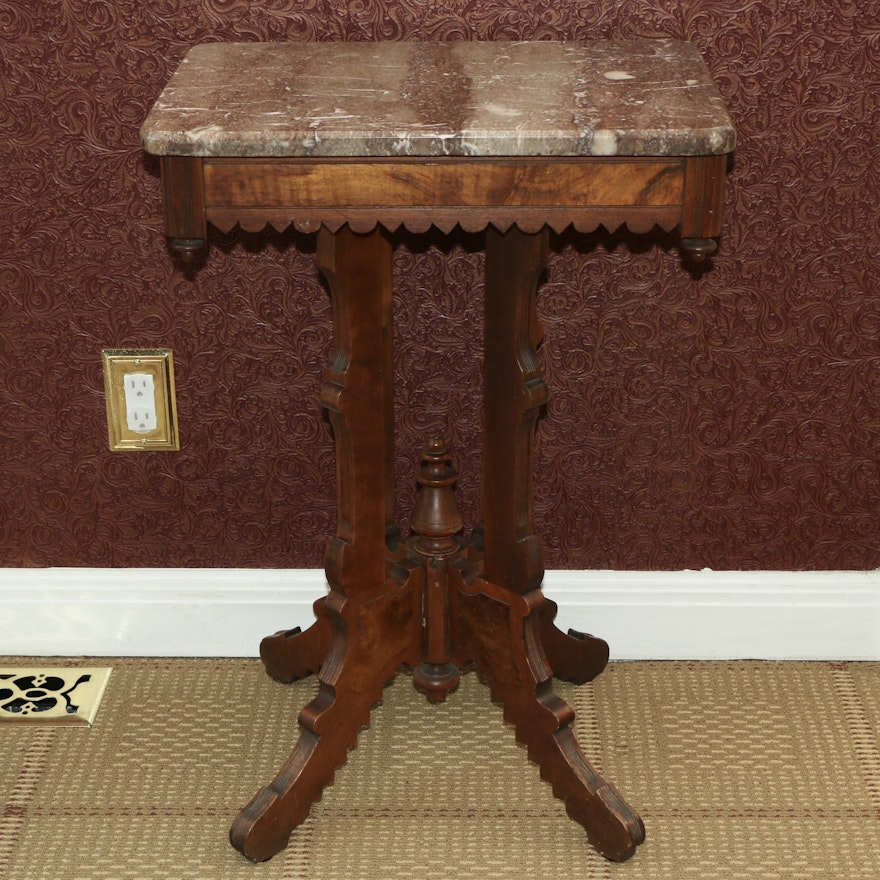 Eastlake Marble Topped Burl Wood and Oak Side Table, Late 19th Century