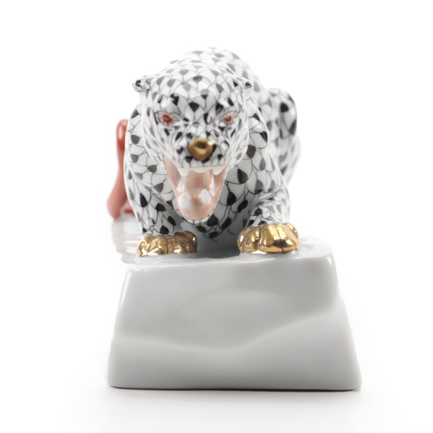 Herend Black Fishnet "Leopard" Porcelain Figurine After Béla Markup