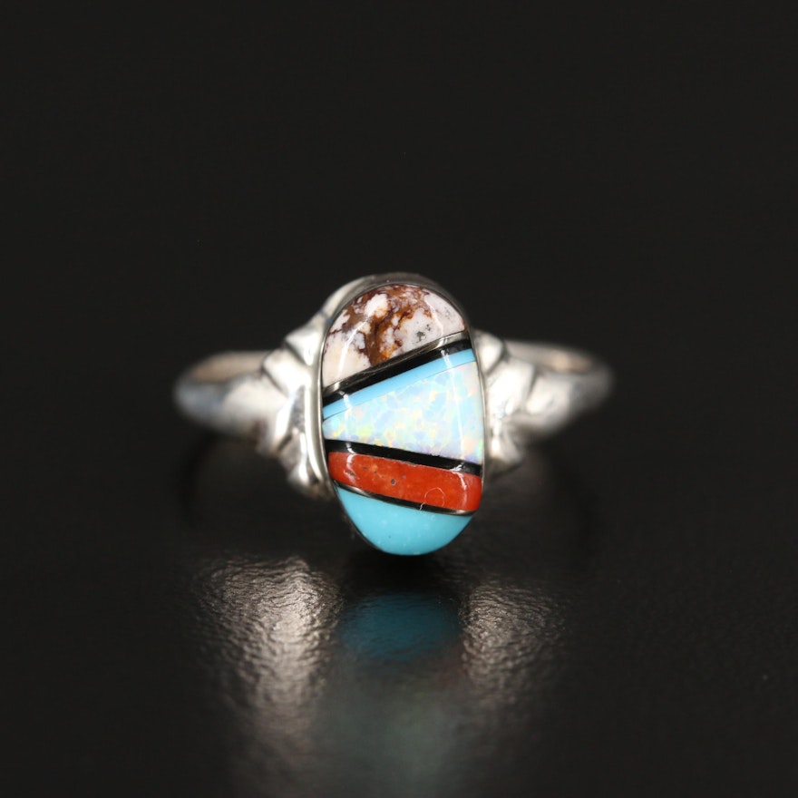 Artist Signed Sterling Turquoise, Coral and Opal Inlay Ring
