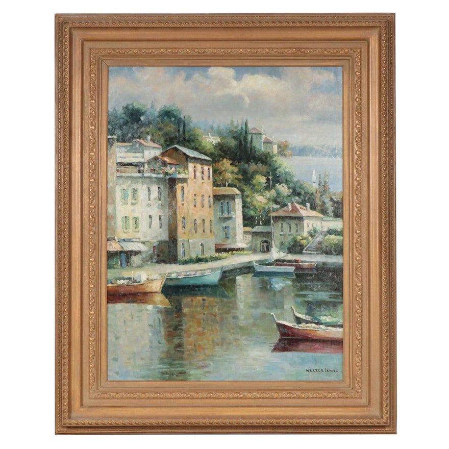 Coastal Village Harbor Copy Oil Painting after Walter Samuel, Late 20th Century