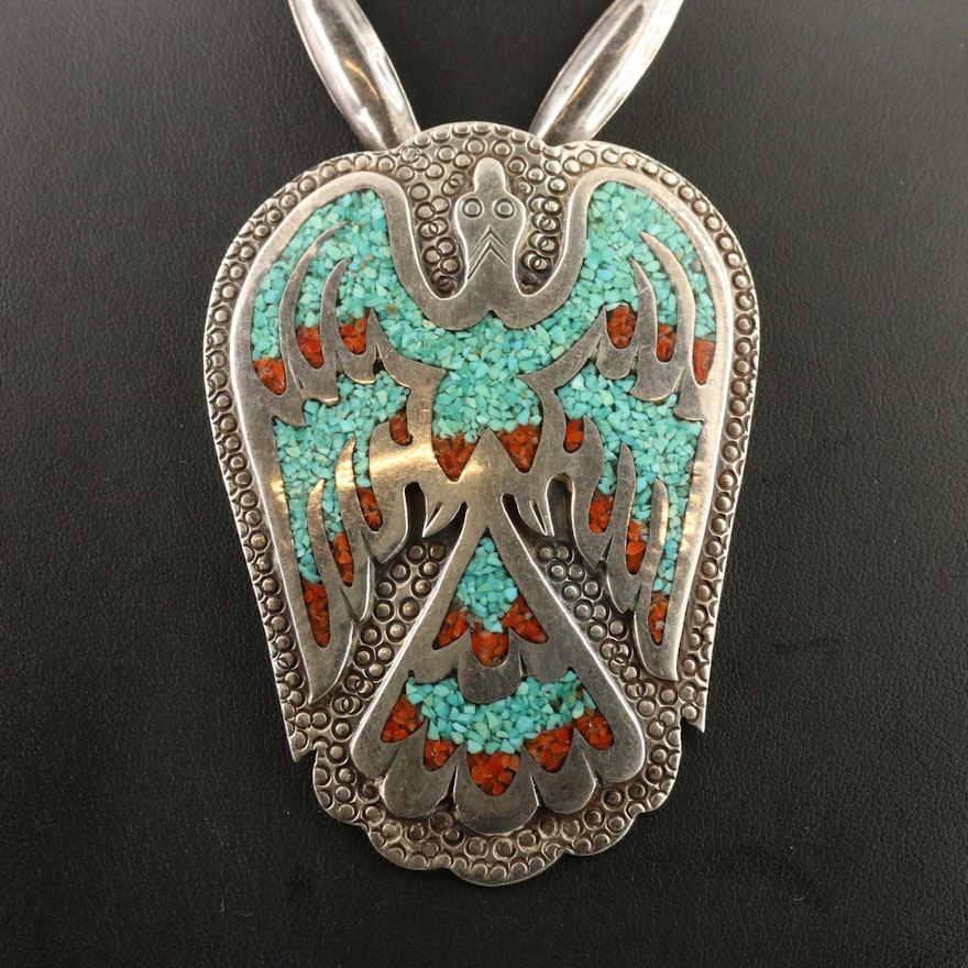 Western Thunderbird Pendant Necklace Featuring Chip Turquoise and Chip Coral