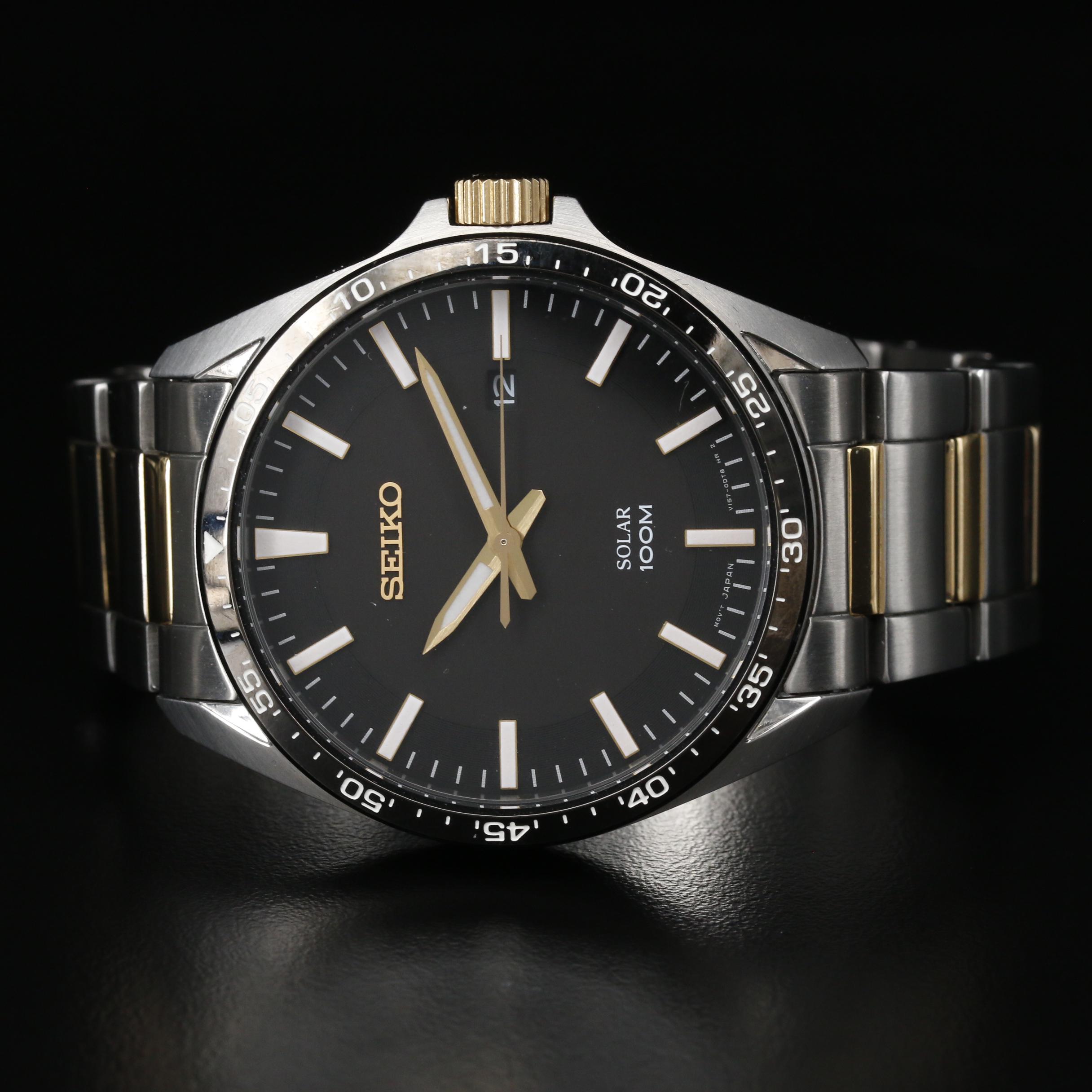 Seiko "Solar" 100 Meters with Date Stainless Steel Watch