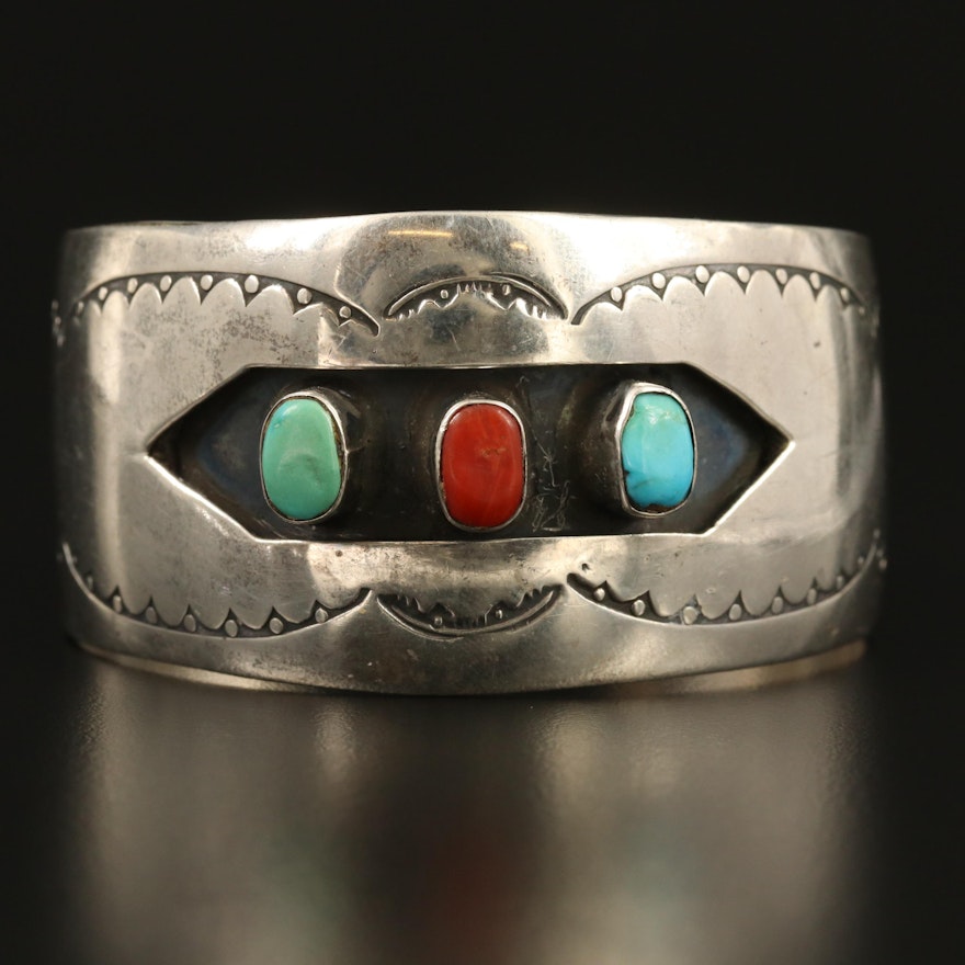 Western Sterling Silver Turquoise and Coral Cuff