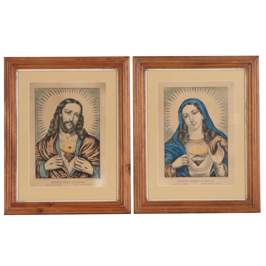 Currier & Ives Hand-colored Lithographs of Sacred Hearts of Mary and Jesus