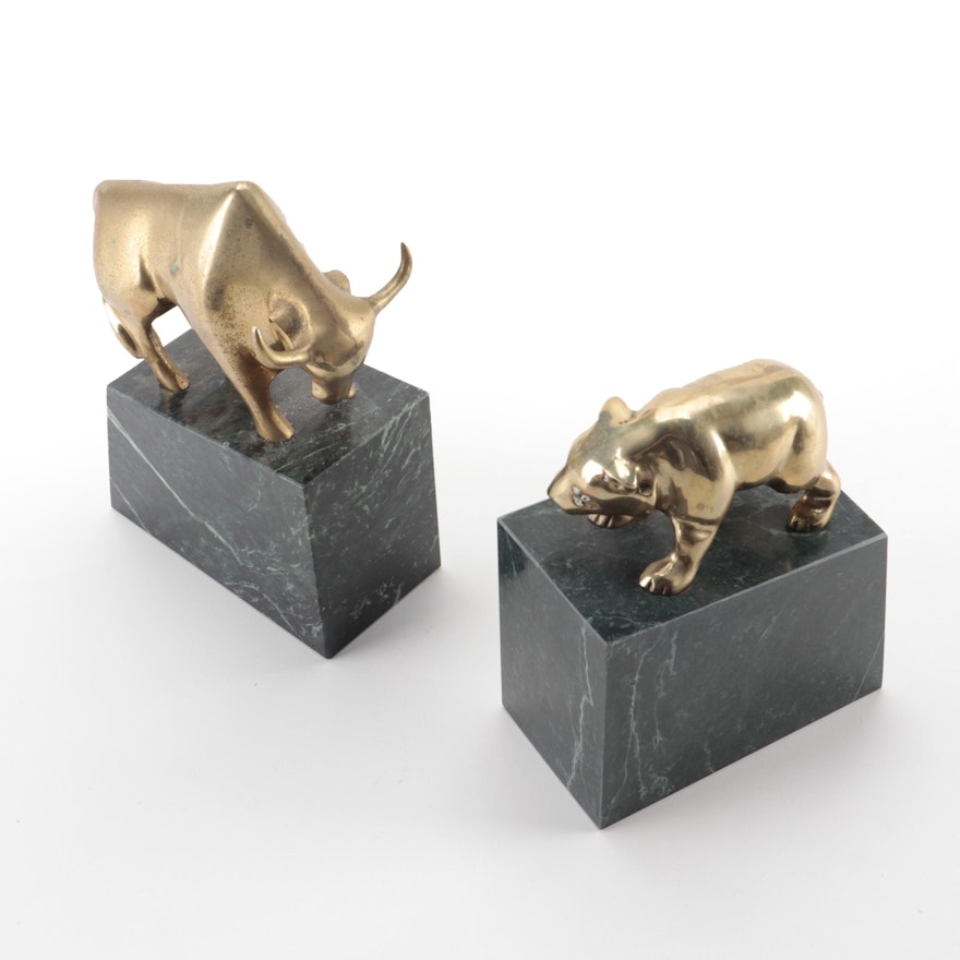 Taiwanese Bronze Bear and Bull Figurines on Marble Bases