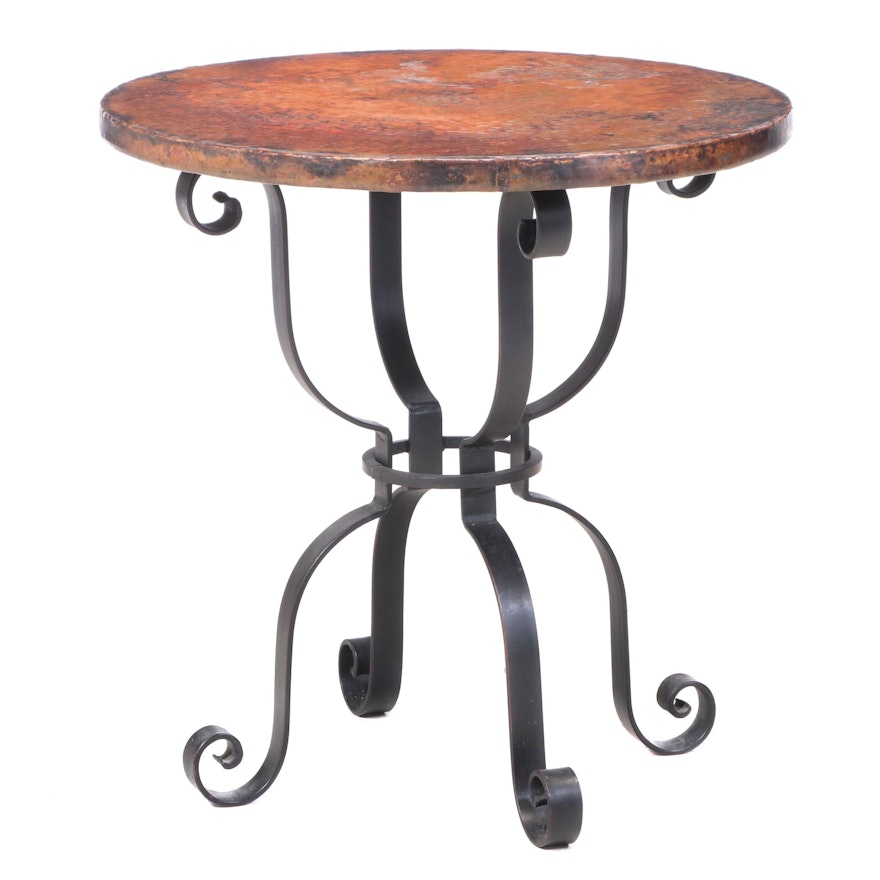 Contemporary Scrolled Iron and Hammered Copper Side Table