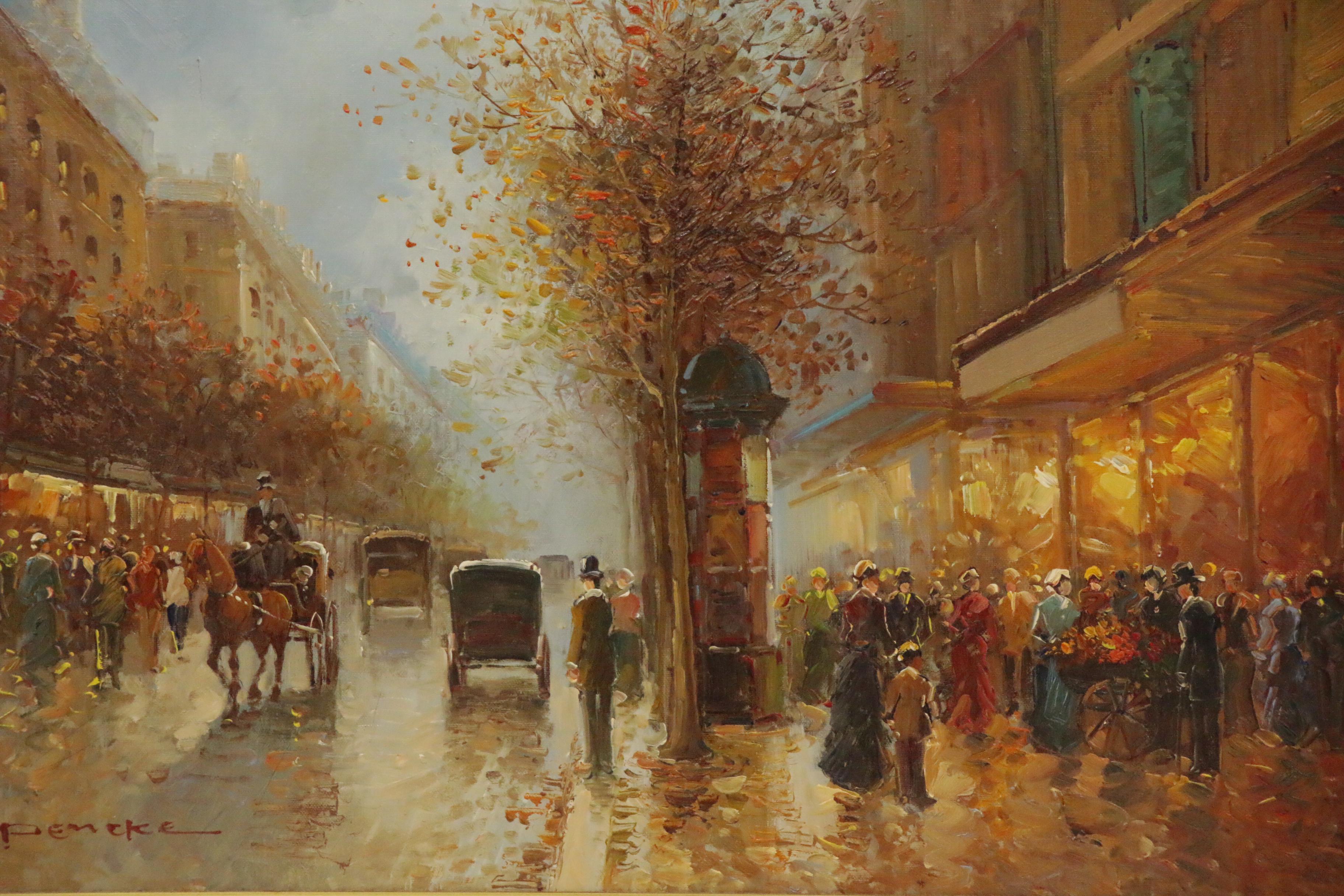 T.E. Pencke Parisian Street Scene Oil Painting, Late 20th Century