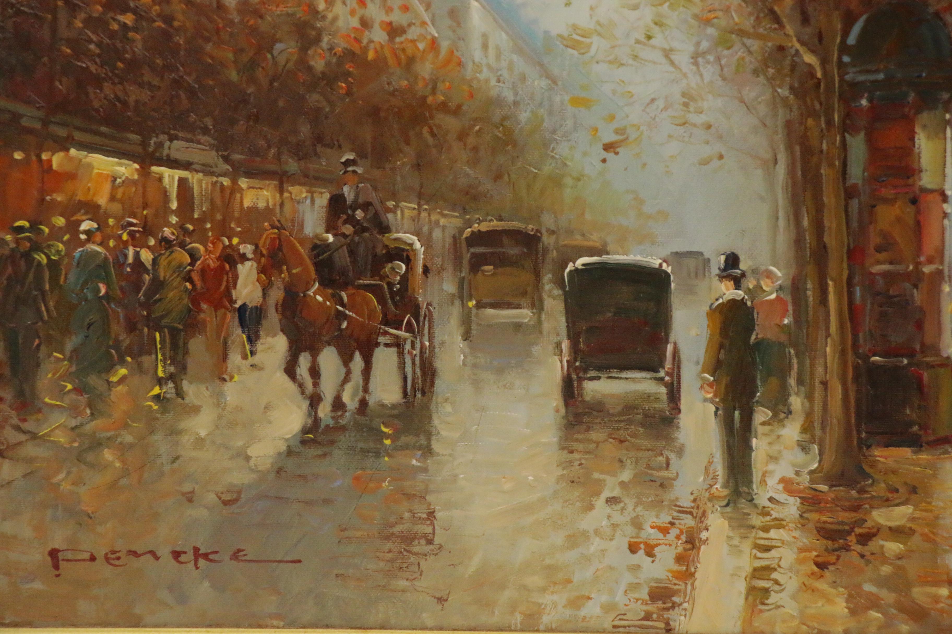 T.E. Pencke Parisian Street Scene Oil Painting, Late 20th Century