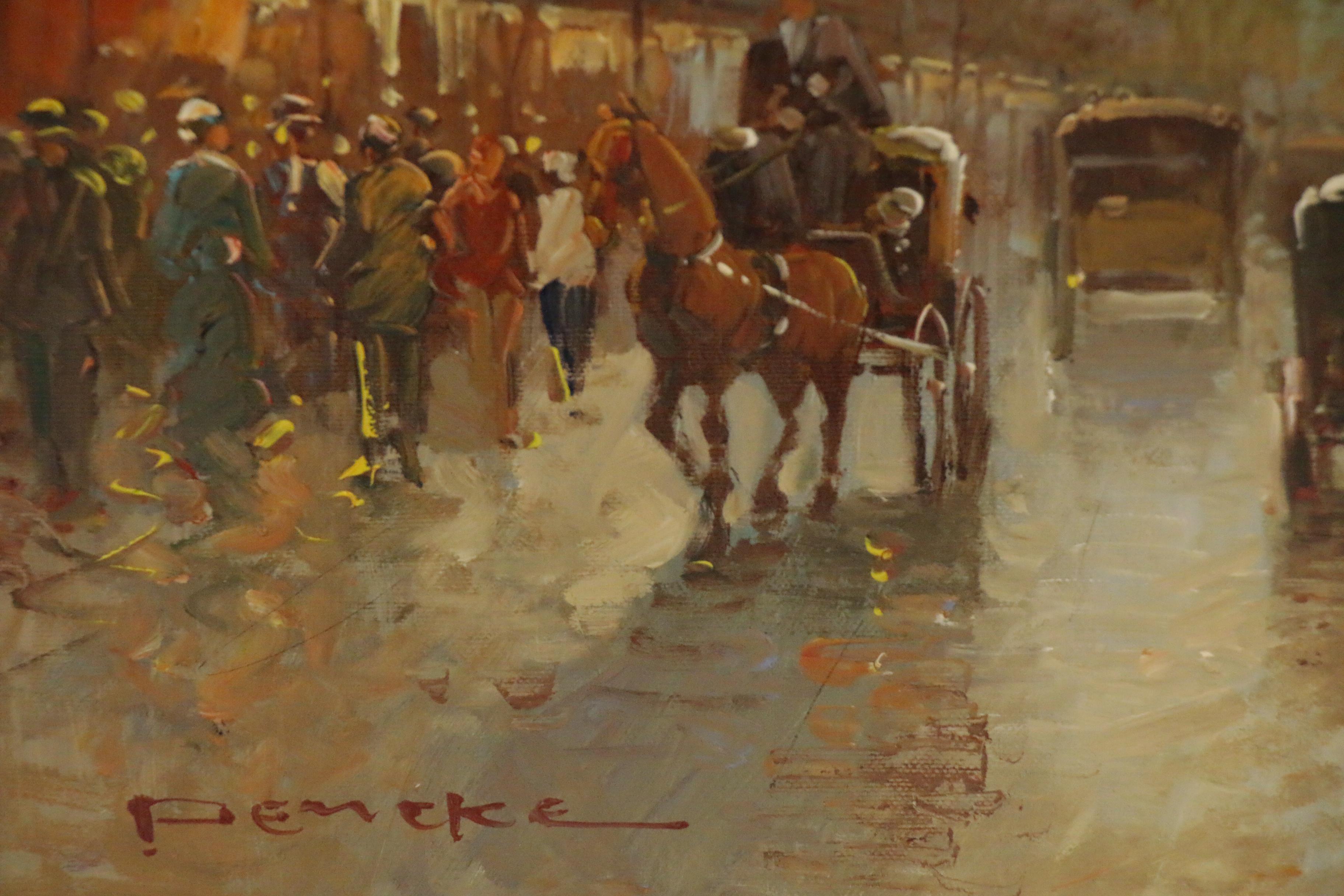 T.E. Pencke Parisian Street Scene Oil Painting, Late 20th Century