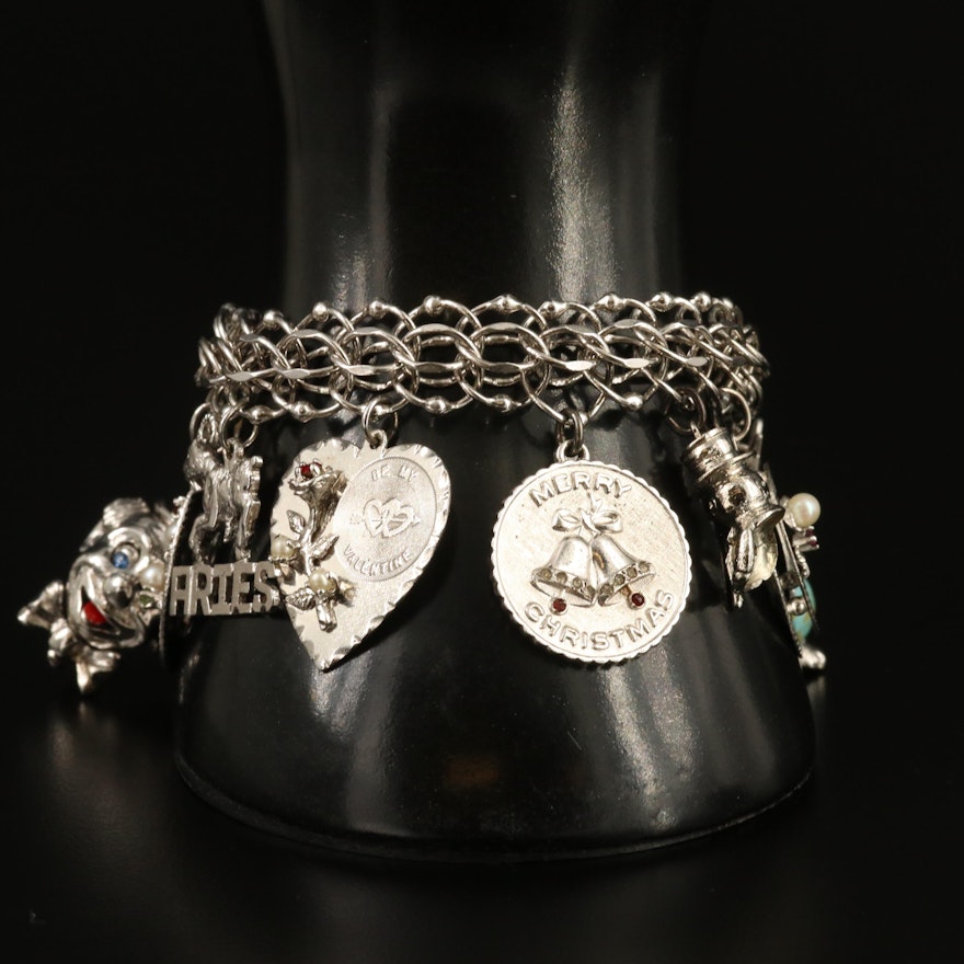 Vintage Sterling Silver Charm Bracelet with Pearl and Enamel