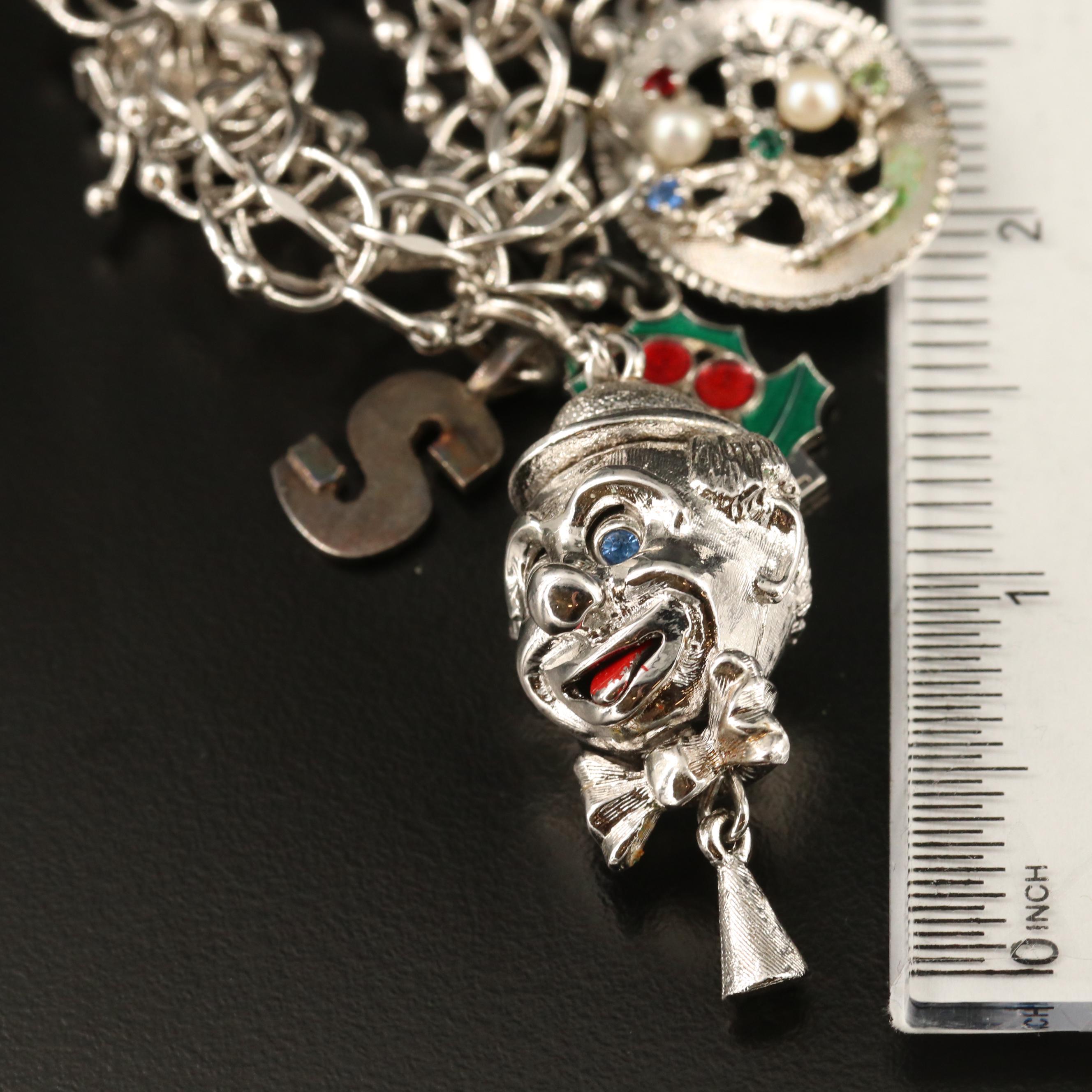 Vintage Sterling Silver Charm Bracelet with Pearl and Enamel